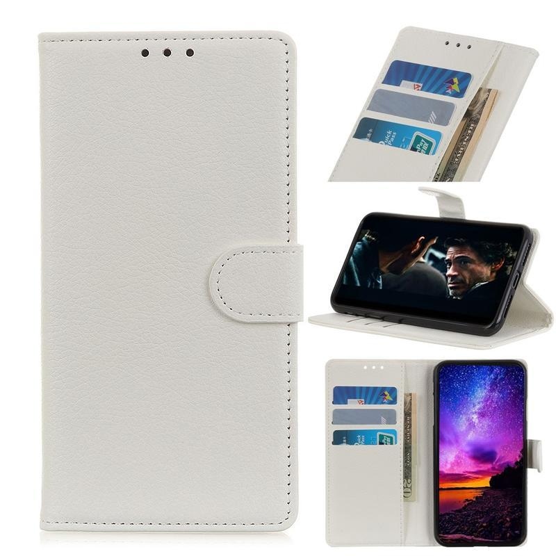 Litchi PU kožené peněženkové pouzdro na mobil Xiaomi Redmi 9 - bílé