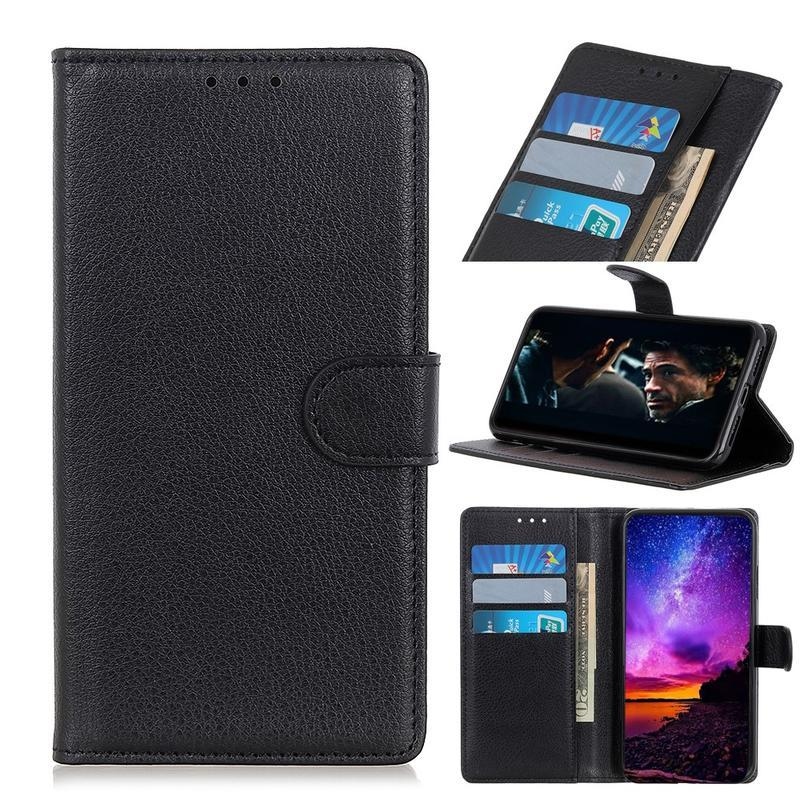 Litchi PU kožené peněženkové pouzdro na mobil Xiaomi Redmi 9 - černé