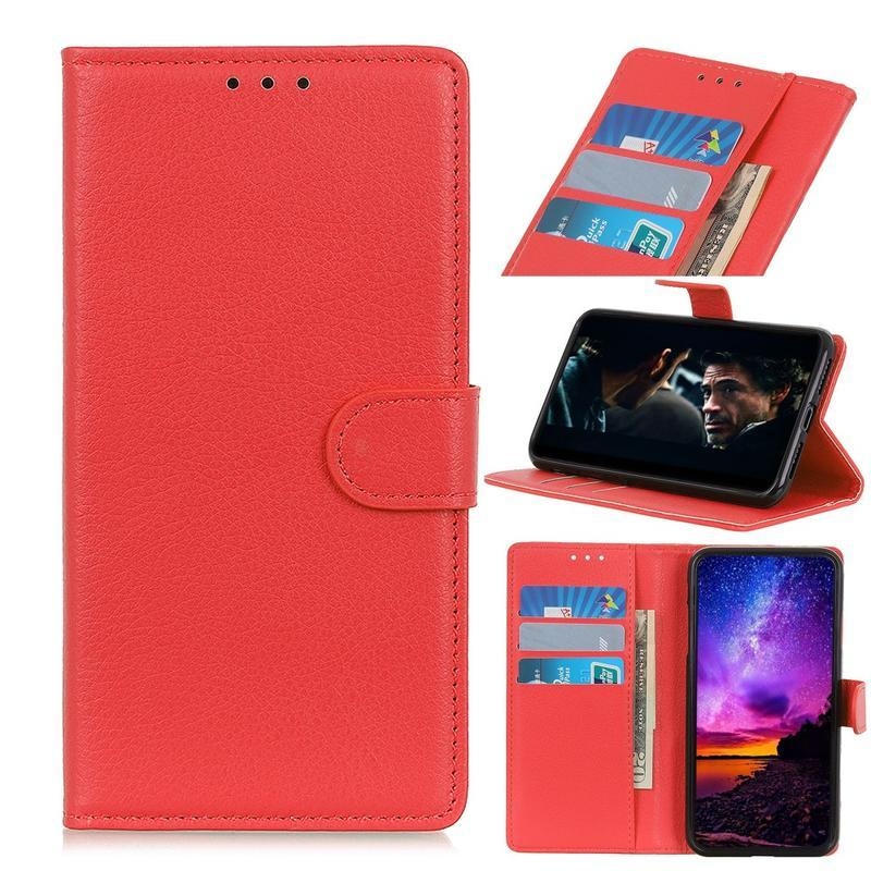 Litchi PU kožené peněženkové pouzdro na mobil Xiaomi Redmi 9A/9AT - červené