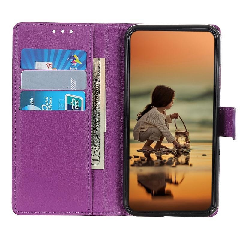 Litchi PU kožené peněženkové pouzdro na mobil Xiaomi Redmi 9A/9AT - fialové