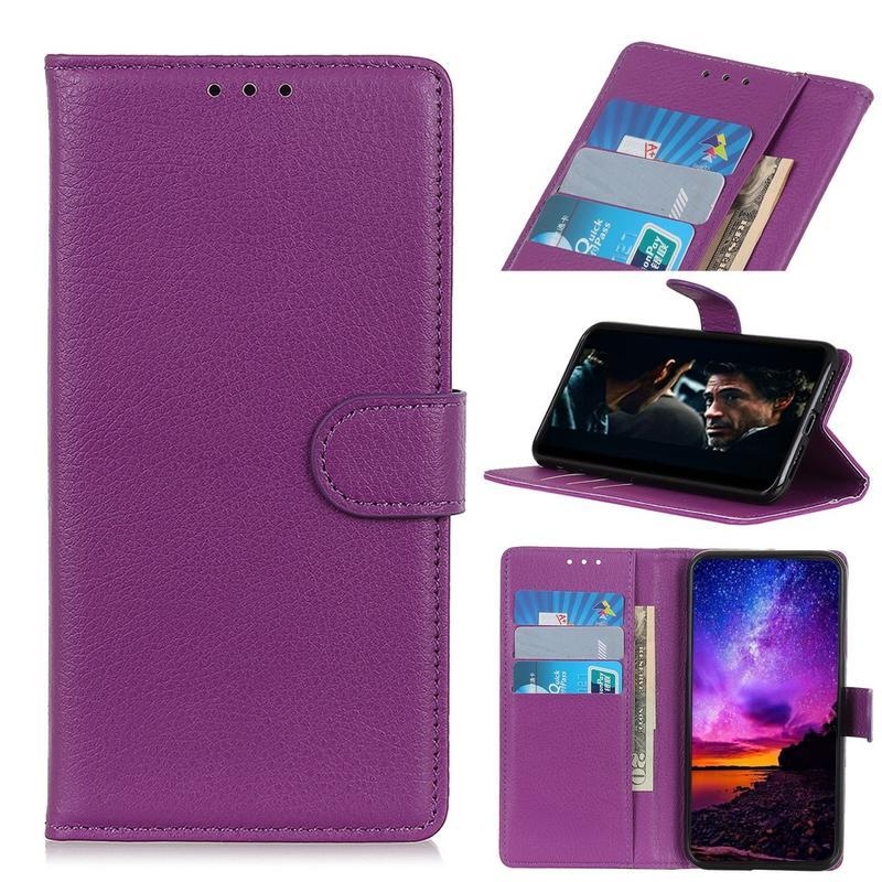 Litchi PU kožené peněženkové pouzdro na mobil Xiaomi Redmi 9A/9AT - fialové