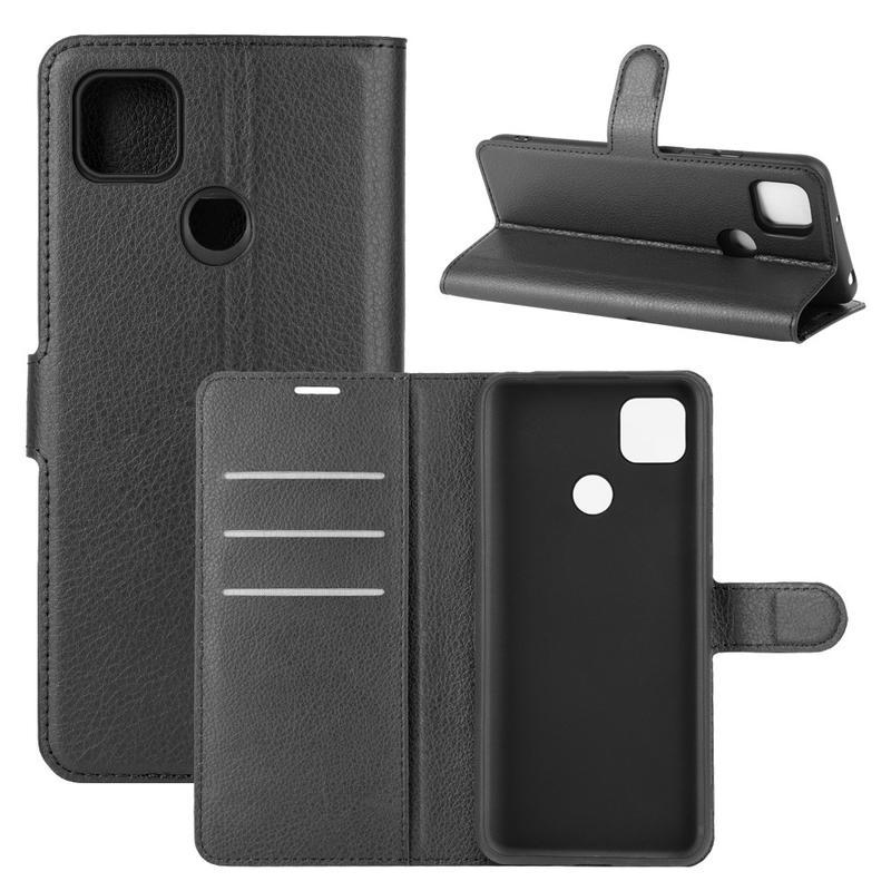 Litchi PU kožené peněženkové pouzdro na mobil Xiaomi Redmi 9C - černé