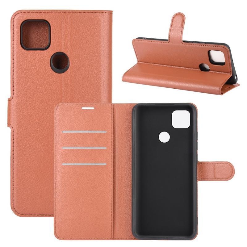 Litchi PU kožené peněženkové pouzdro na mobil Xiaomi Redmi 9C - hnědé