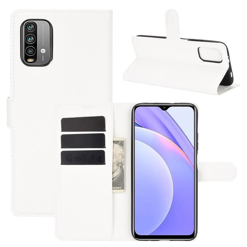 Litchi PU kožené peněženkové pouzdro na mobil Xiaomi Redmi 9T/Poco M3 - bílé