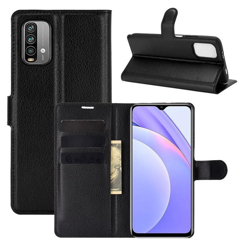 Litchi PU kožené peněženkové pouzdro na mobil Xiaomi Redmi 9T/Poco M3 - černé