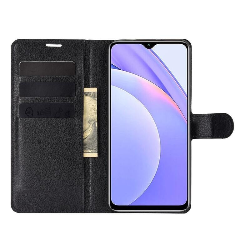 Litchi PU kožené peněženkové pouzdro na mobil Xiaomi Redmi 9T/Poco M3 - černé