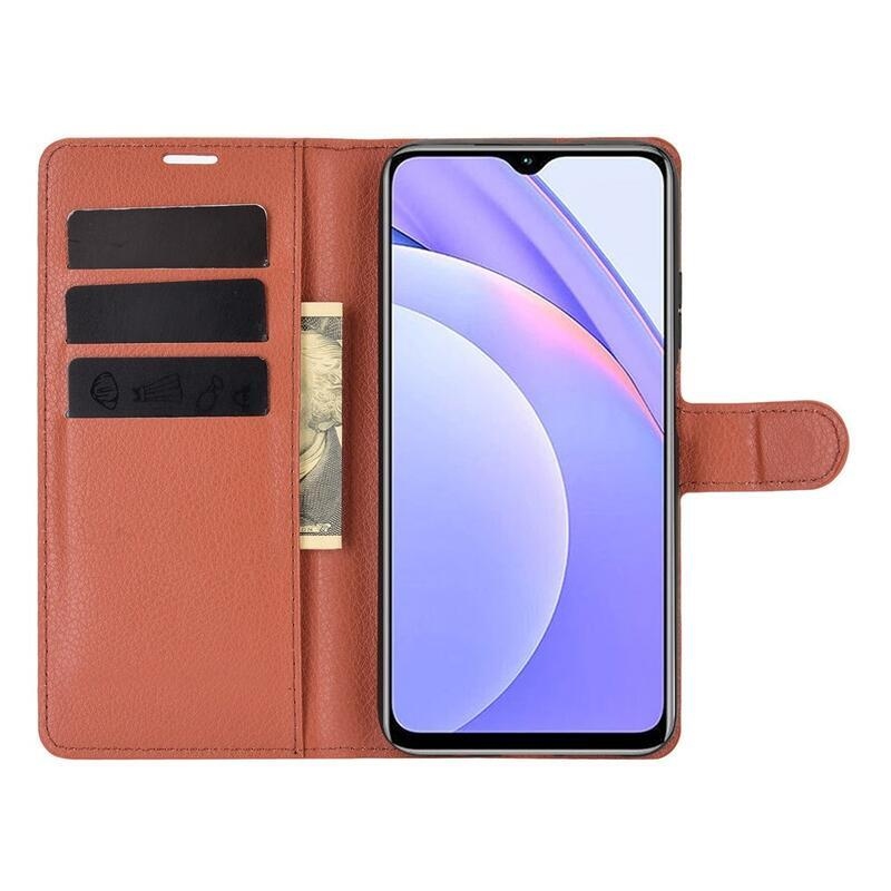 Litchi PU kožené peněženkové pouzdro na mobil Xiaomi Redmi 9T/Poco M3 - hnědé