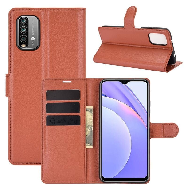 Litchi PU kožené peněženkové pouzdro na mobil Xiaomi Redmi 9T/Poco M3 - hnědé