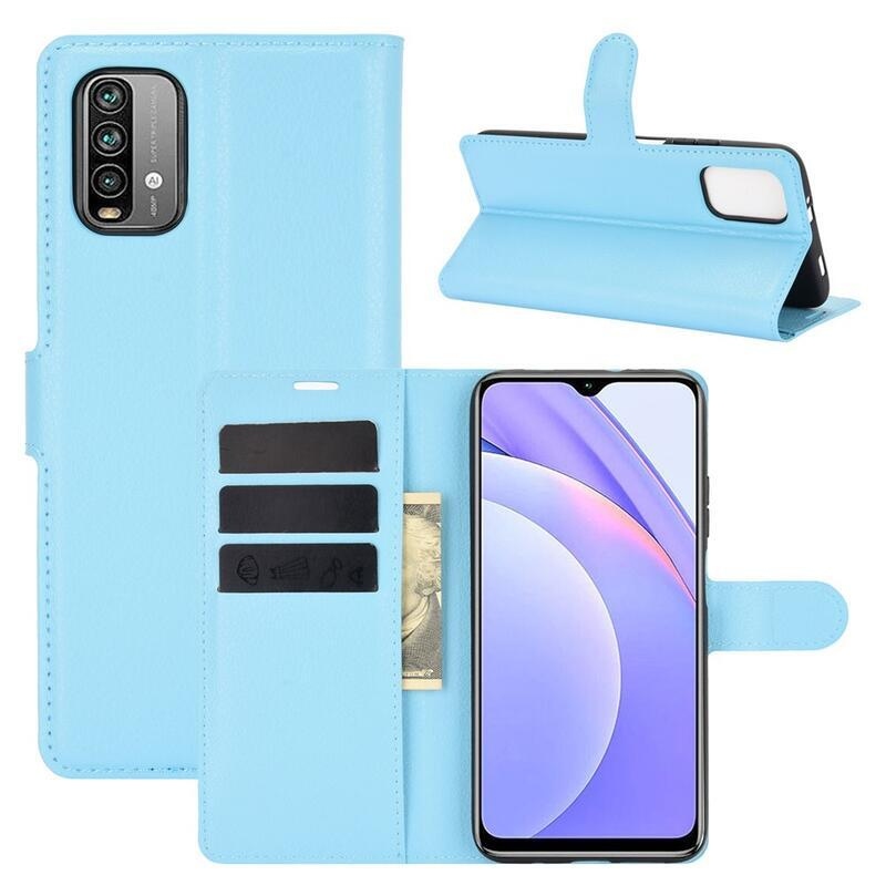 Litchi PU kožené peněženkové pouzdro na mobil Xiaomi Redmi 9T/Poco M3 - modré