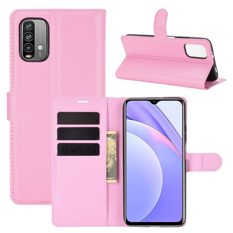 Litchi PU kožené peněženkové pouzdro na mobil Xiaomi Redmi 9T/Poco M3 - růžové