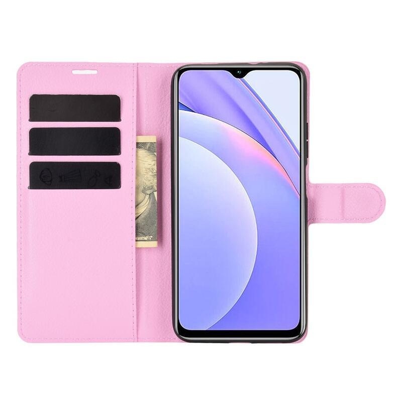 Litchi PU kožené peněženkové pouzdro na mobil Xiaomi Redmi 9T/Poco M3 - růžové