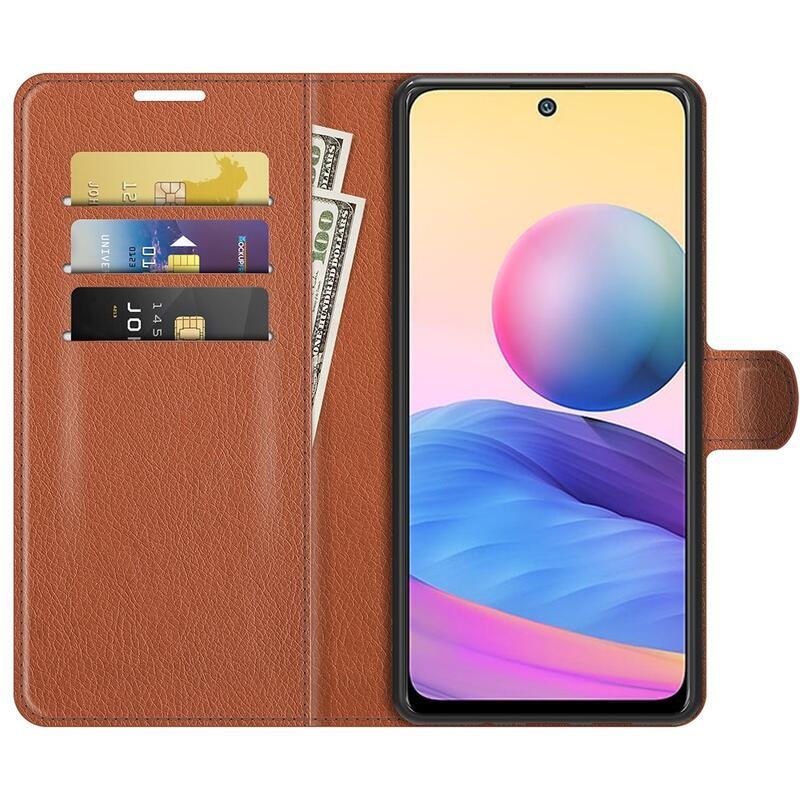 Litchi PU kožené peněženkové pouzdro na mobil Xiaomi Redmi Note 10 5G/Poco M3 Pro 4G/5G - hnědé