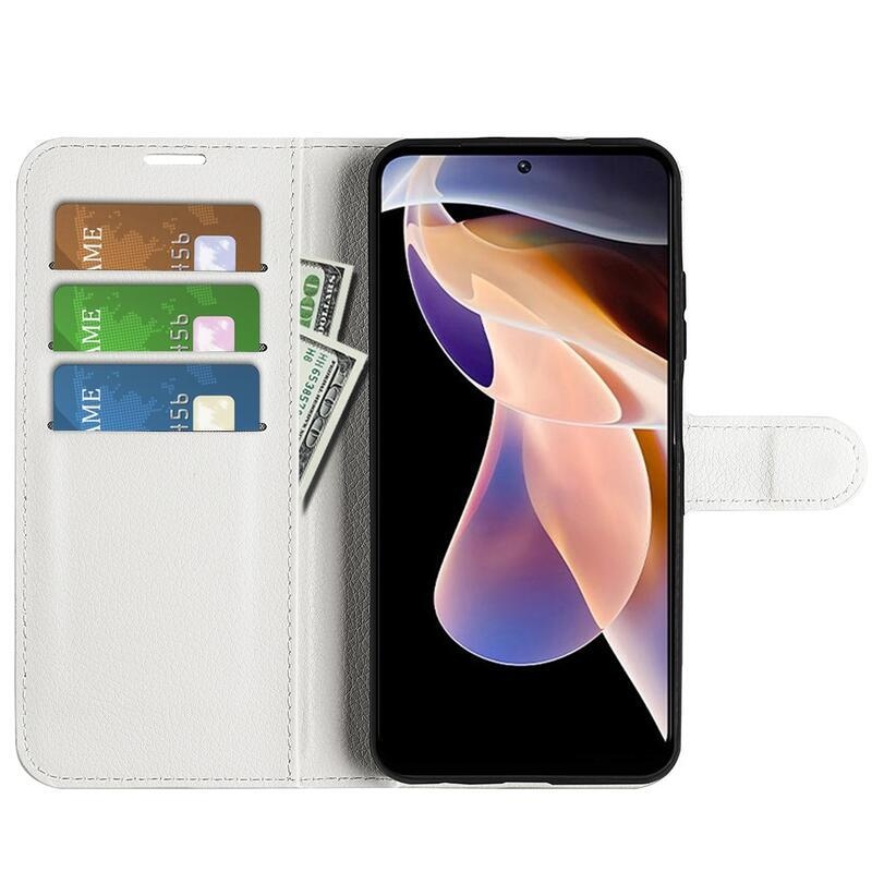 Litchi PU kožené peněženkové pouzdro na mobil Xiaomi Redmi Note 11 Pro+ 5G - bílé
