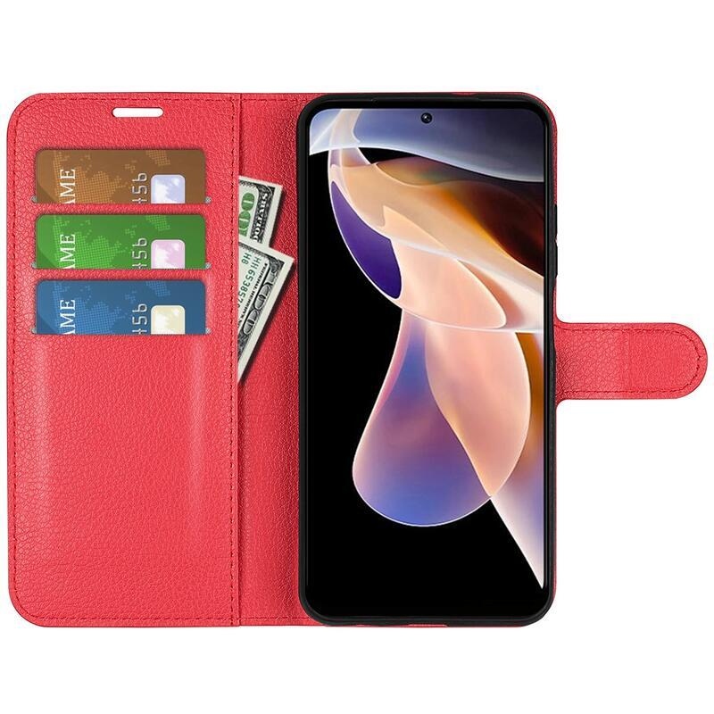 Litchi PU kožené peněženkové pouzdro na mobil Xiaomi Redmi Note 11 Pro+ 5G - červené