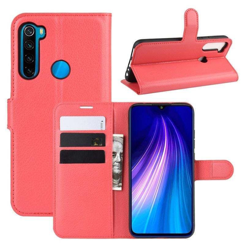 Litchi PU kožené peněženkové pouzdro na mobil Xiaomi Redmi Note 8T - červené