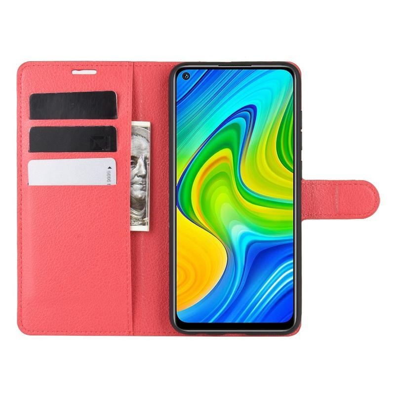 Litchi PU kožené peněženkové pouzdro na mobil Xiaomi Redmi Note 9 - červené