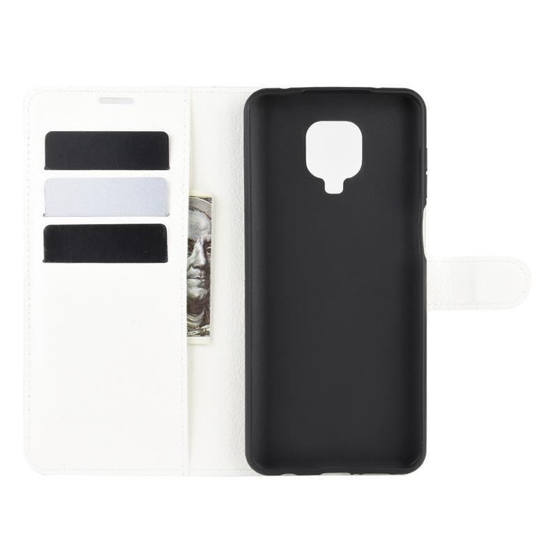 Litchi PU kožené peněženkové pouzdro na mobil Xiaomi Redmi Note 9 Pro/Note 9S - bílé