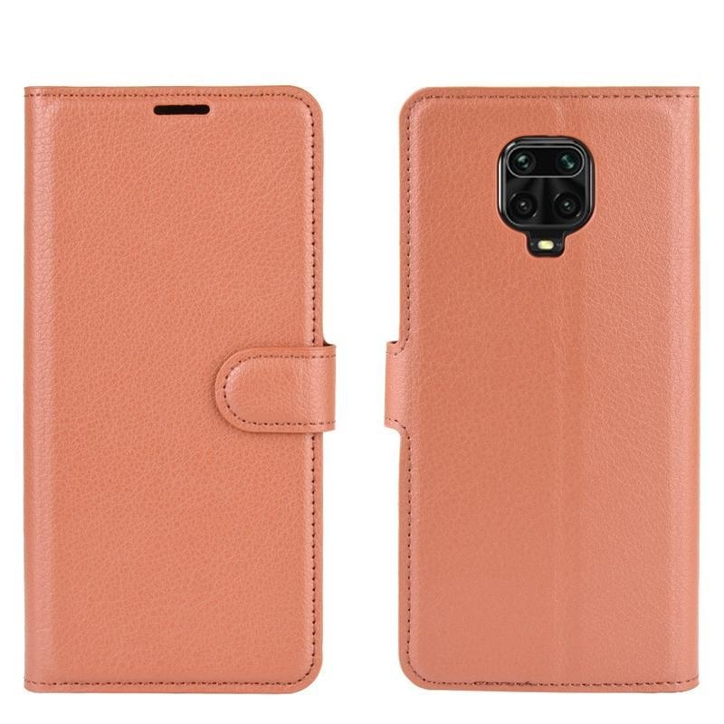 Litchi PU kožené peněženkové pouzdro na mobil Xiaomi Redmi Note 9 Pro/Note 9S - hnědé