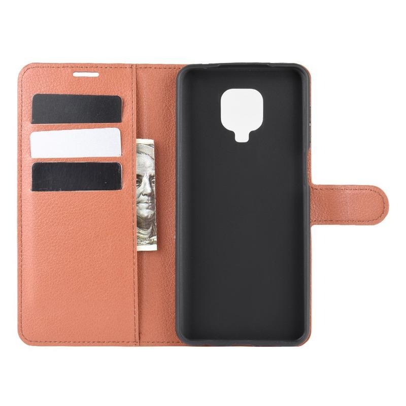 Litchi PU kožené peněženkové pouzdro na mobil Xiaomi Redmi Note 9 Pro/Note 9S - hnědé