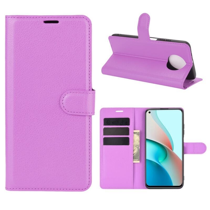 Litchi PU kožené peněženkové pouzdro na mobil Xiaomi Redmi Note 9T 5G - fialové