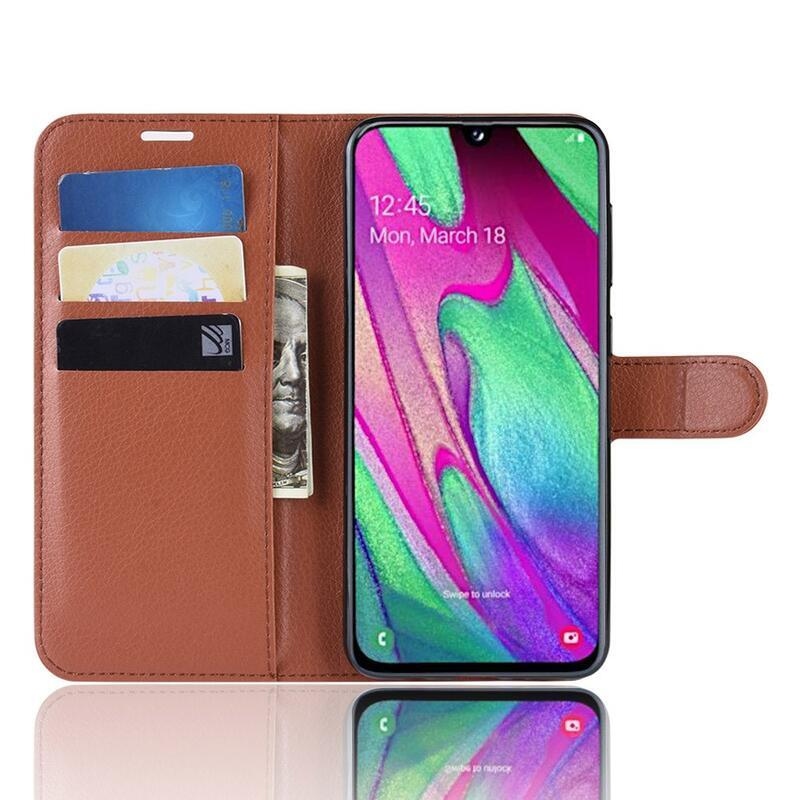 Litchi PU kožené peněženkové pouzdro na mobilní telefon Samsung Galaxy A40 - hnědé