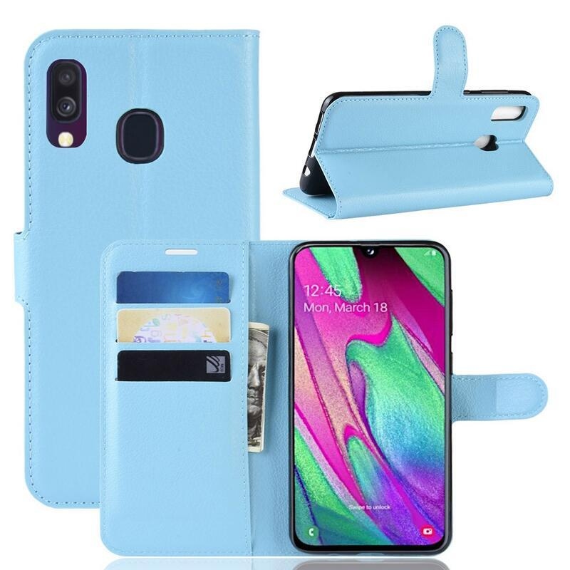Litchi PU kožené peněženkové pouzdro na mobilní telefon Samsung Galaxy A40 - modré