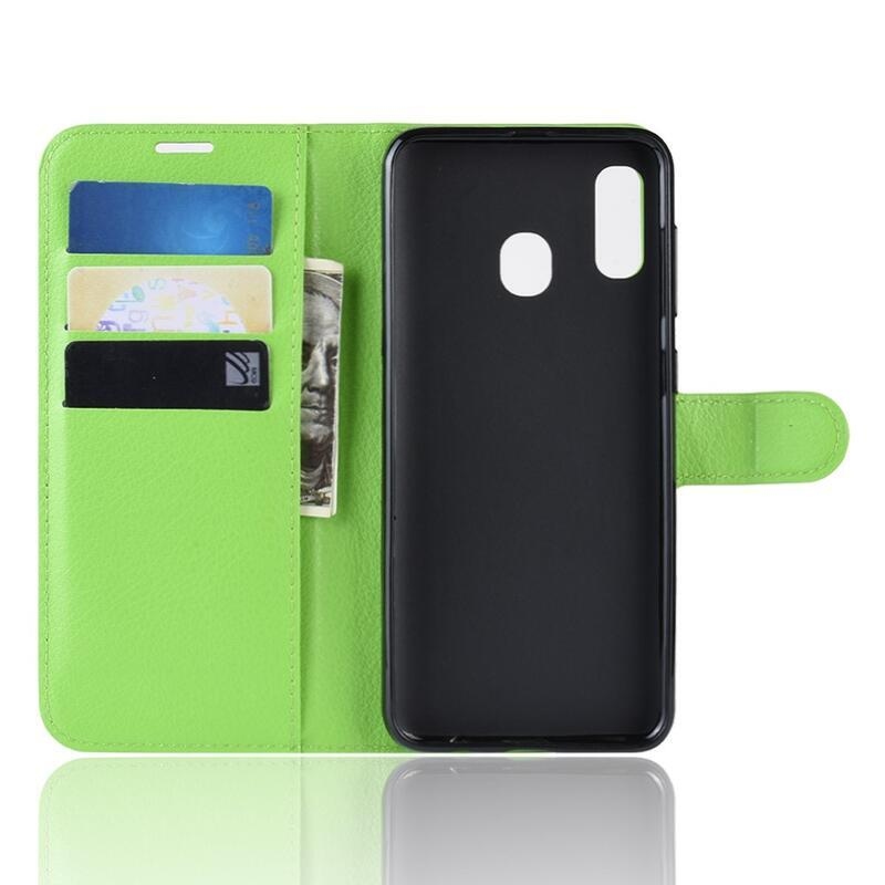 Litchi PU kožené peněženkové pouzdro na mobilní telefon Samsung Galaxy A40 - zelené