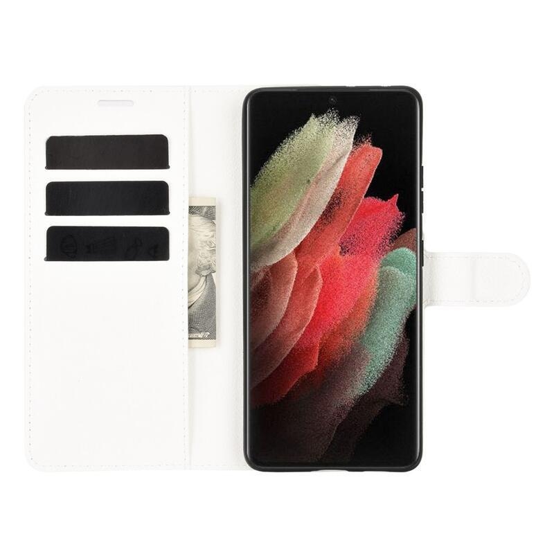 Litchi PU kožené peněženkové pouzdro na mobilní telefon Samsung Galaxy S21 Ultra 5G - bílé