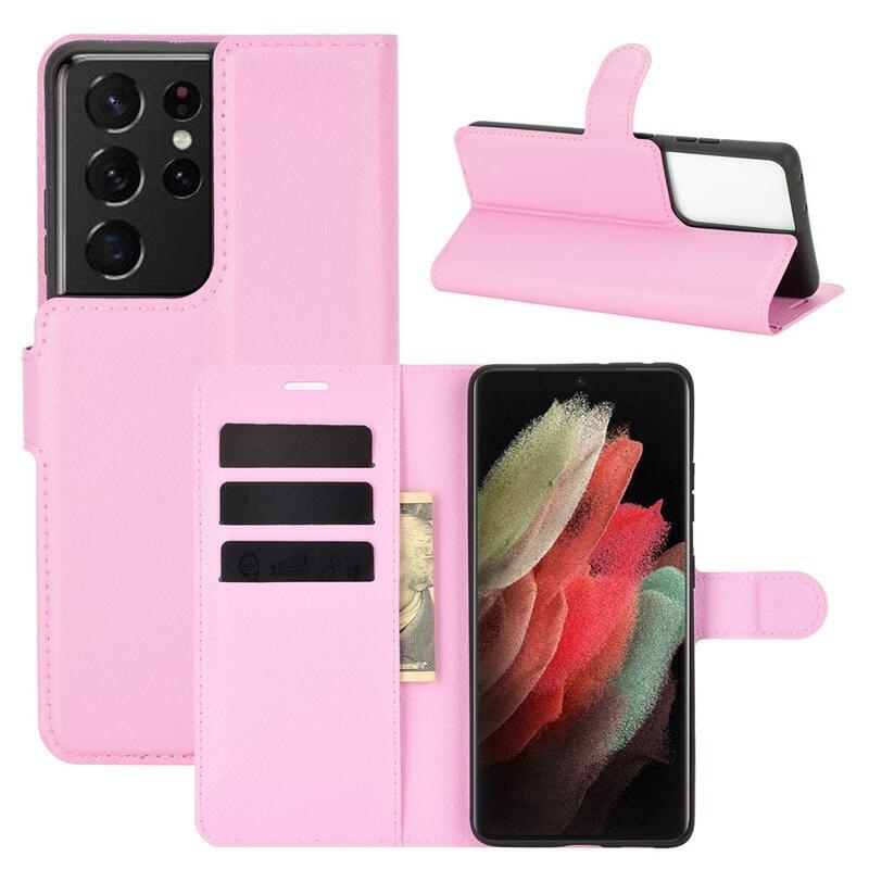 Litchi PU kožené peněženkové pouzdro na mobilní telefon Samsung Galaxy S21 Ultra 5G - růžové