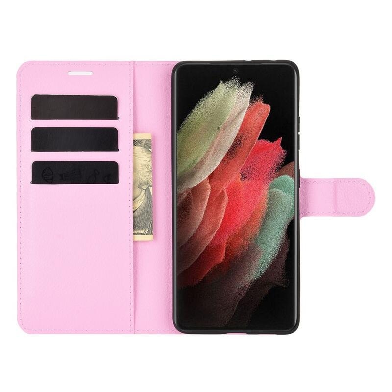 Litchi PU kožené peněženkové pouzdro na mobilní telefon Samsung Galaxy S21 Ultra 5G - růžové