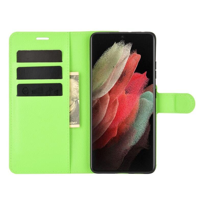 Litchi PU kožené peněženkové pouzdro na mobilní telefon Samsung Galaxy S21 Ultra 5G - zelené