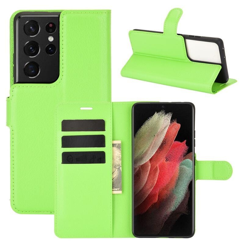 Litchi PU kožené peněženkové pouzdro na mobilní telefon Samsung Galaxy S21 Ultra 5G - zelené