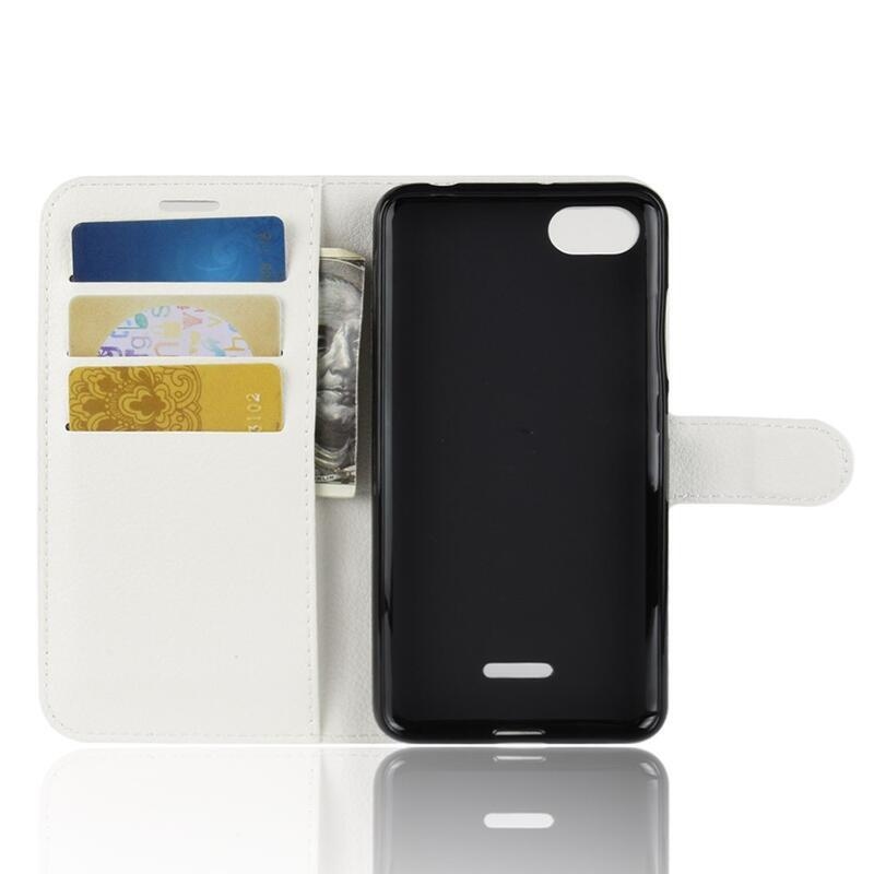 Litchi PU kožené peněženkové pouzdro na telefon Xiaomi Redmi 6A - bílé
