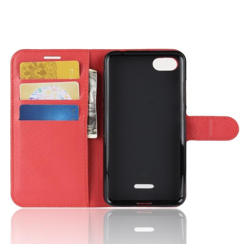 Litchi PU kožené peněženkové pouzdro na telefon Xiaomi Redmi 6A - červené