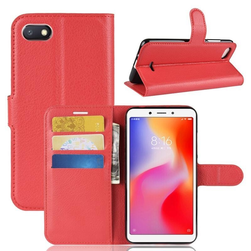 Litchi PU kožené peněženkové pouzdro na telefon Xiaomi Redmi 6A - červené