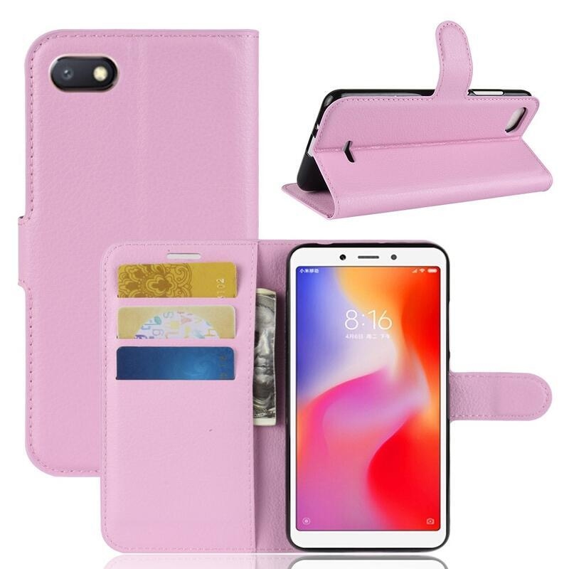 Litchi PU kožené peněženkové pouzdro na telefon Xiaomi Redmi 6A - růžové
