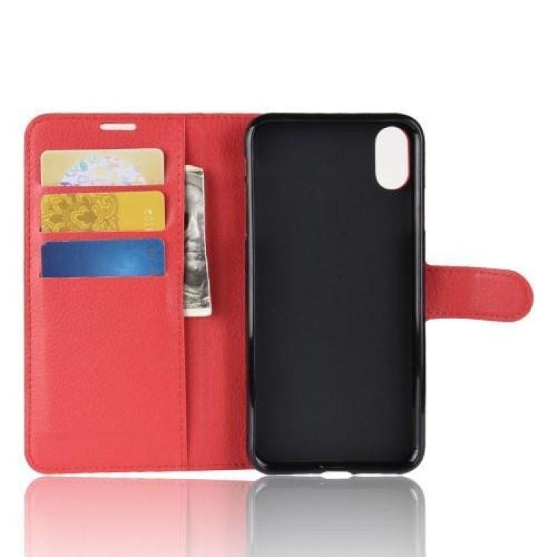 Litchi PU kožené peněženkové pouzdro pro iPhone XR - červené