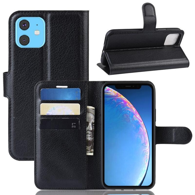 Litchi PU kožené peněženkové pouzdro pro mobil iPhone 11 6.1 - černé