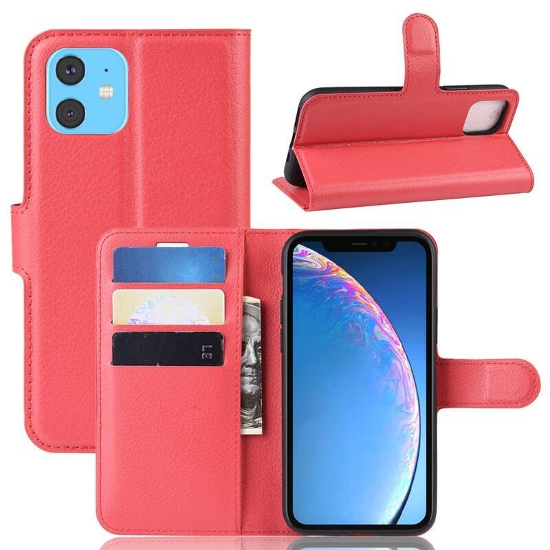 Litchi PU kožené peněženkové pouzdro pro mobil iPhone 11 6.1 - červené