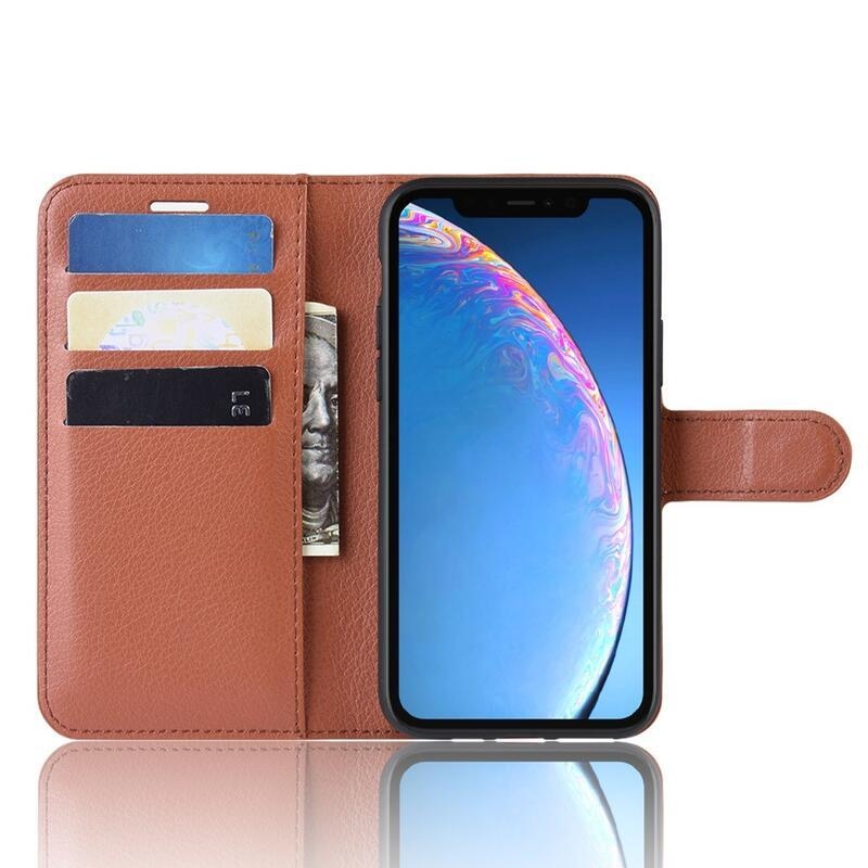Litchi PU kožené peněženkové pouzdro pro mobil iPhone 11 6.1 - hnědé