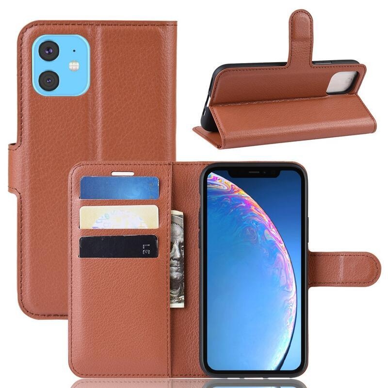 Litchi PU kožené peněženkové pouzdro pro mobil iPhone 11 6.1 - hnědé