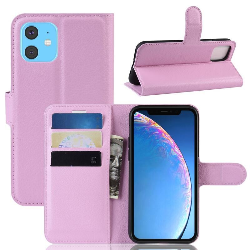 Litchi PU kožené peněženkové pouzdro pro mobil iPhone 11 6.1 - růžové