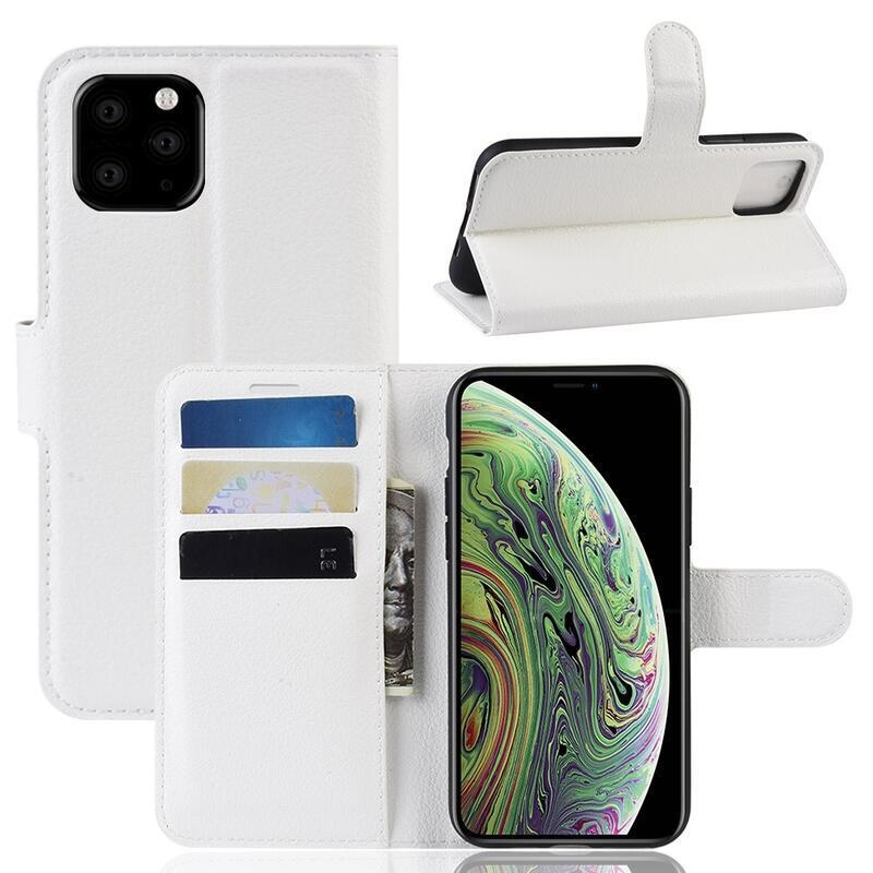 Litchi PU kožené peněženkové pouzdro pro mobil iPhone 11 Pro 5.8 - bílé