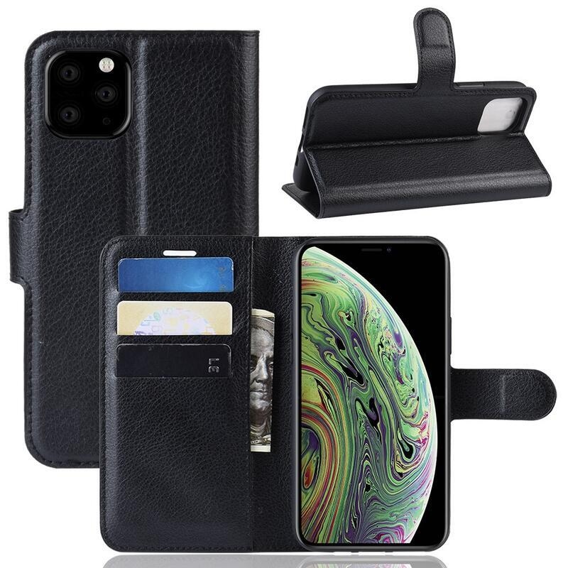 Litchi PU kožené peněženkové pouzdro pro mobil iPhone 11 Pro 5.8 - černé