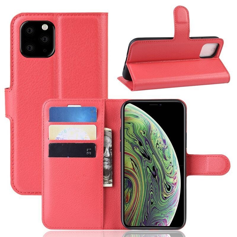 Litchi PU kožené peněženkové pouzdro pro mobil iPhone 11 Pro 5.8 - červené