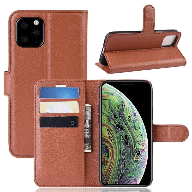 Litchi PU kožené peněženkové pouzdro pro mobil iPhone 11 Pro 5.8 - hnědé
