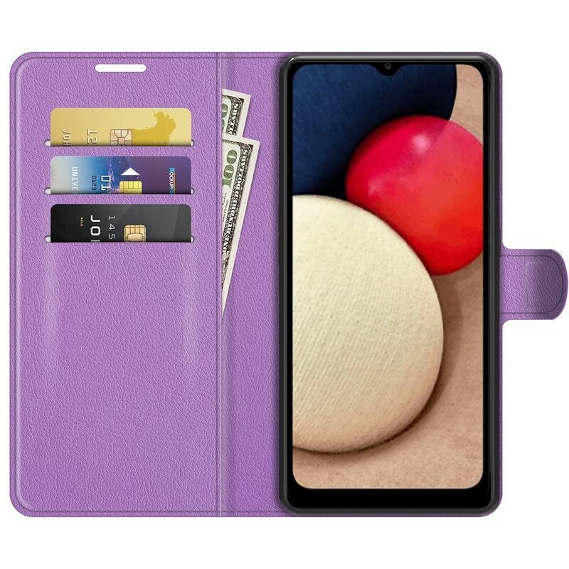 Litchi PU kožené peněženkové pouzdro pro mobil Samsung Galaxy A03s (166.6 x 75.9 x 9.1mm) - fialové