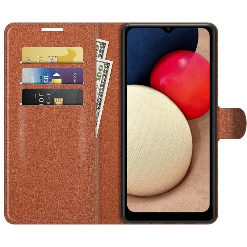 Litchi PU kožené peněženkové pouzdro pro mobil Samsung Galaxy A03s (166.6 x 75.9 x 9.1mm) - hnědé