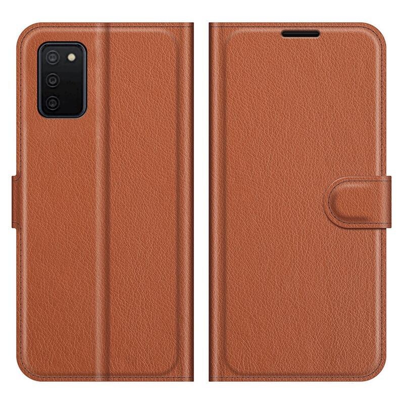 Litchi PU kožené peněženkové pouzdro pro mobil Samsung Galaxy A03s (166.6 x 75.9 x 9.1mm) - hnědé