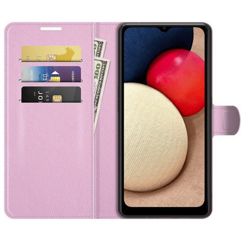 Litchi PU kožené peněženkové pouzdro pro mobil Samsung Galaxy A03s (166.6 x 75.9 x 9.1mm) - růžové